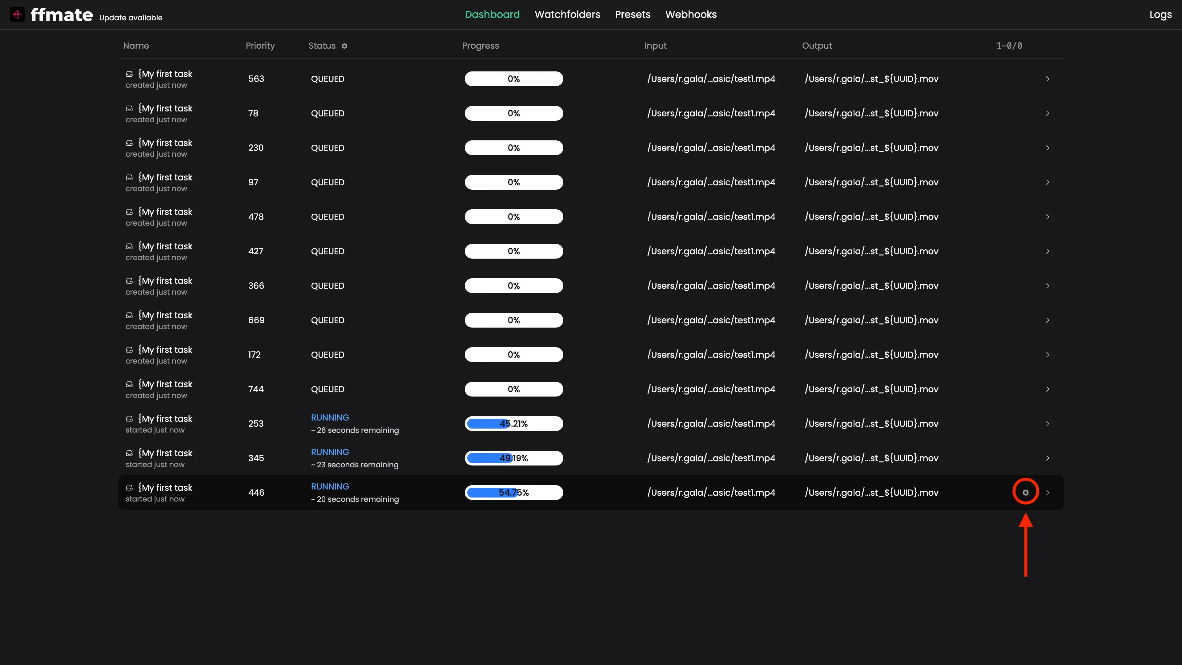 FFmate dashboard showing multiple media processing tasks with progress indicators. One task is actively running at 54.76% completion. The interface highlights a circular cancel button on the right side of the row, indicating the ability to terminate individual tasks directly from the dashboard