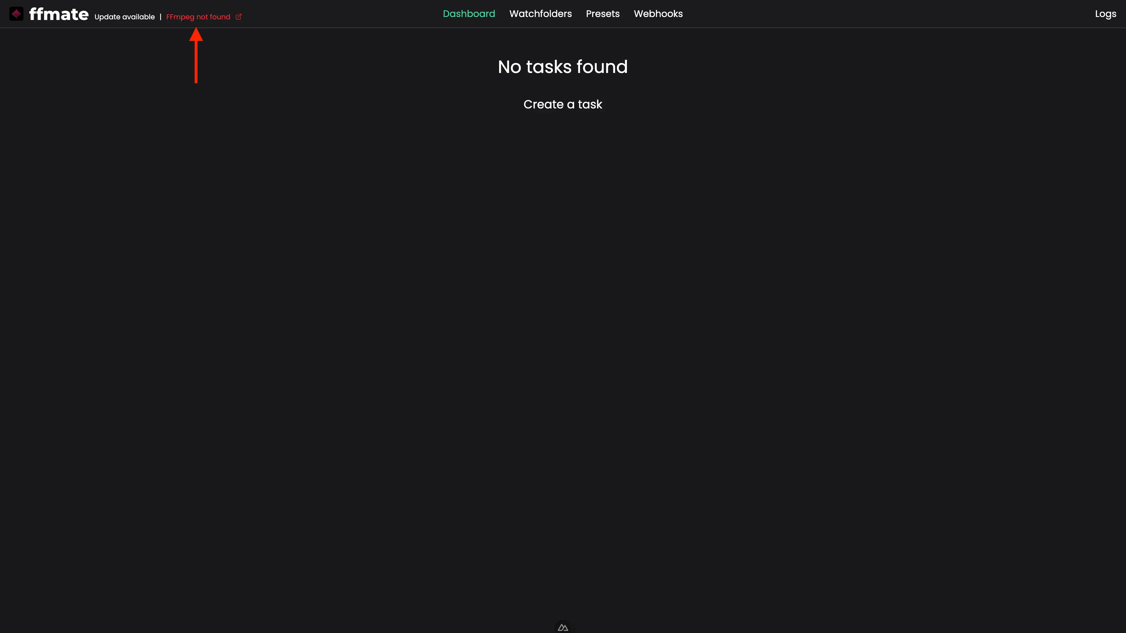 FFmate navigation bar featuring Dashboard, Watchfolders, Presets, and Logs sections, each marked with numeric indicators to guide users through the interface