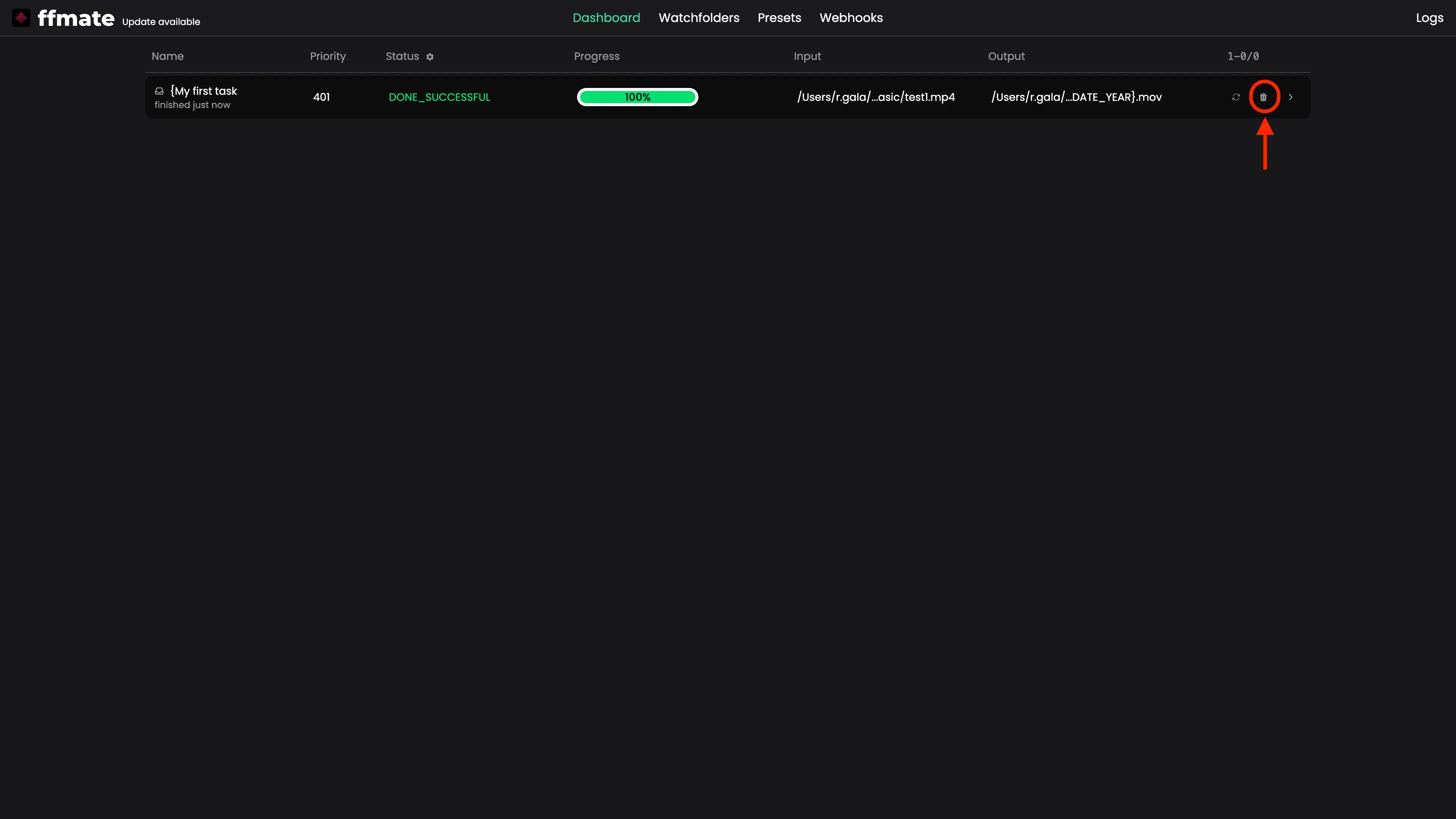 FFmate dashboard displaying a successfully completed media processing task marked as DONE_SUCCESSFUL with a 100% progress bar. The interface highlights the trash bin icon on the right side of the row, indicating the option to delete completed tasks directly from the dashboard UI