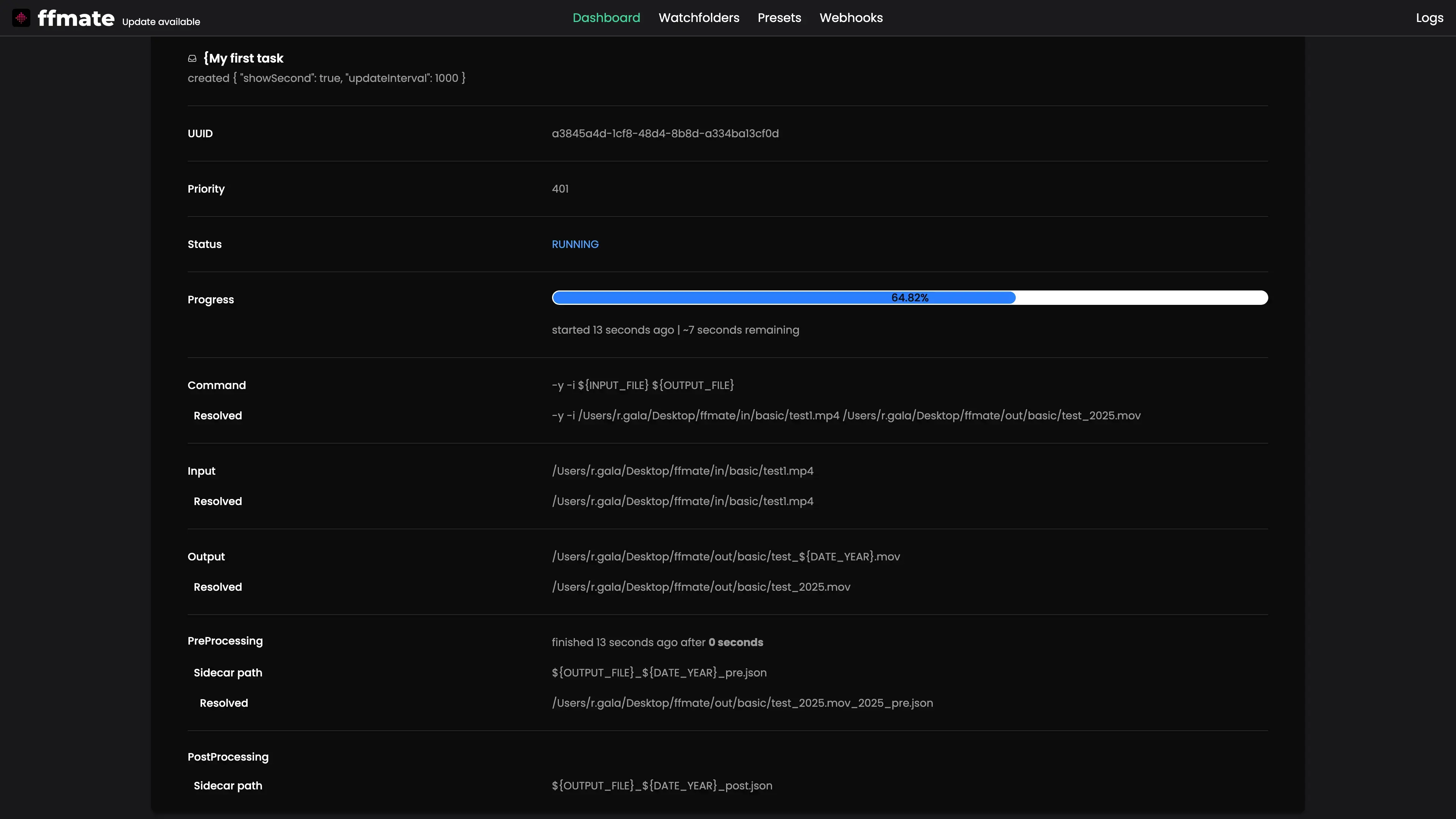 FFmate task details view displaying real-time information for an active media processing job. The interface shows UUID, priority, status, and progress bar at 64.82%, along with resolved FFmpeg command, input and output file paths, and pre/post-processing sidecar file locations using dynamic DATE_YEAR placeholders