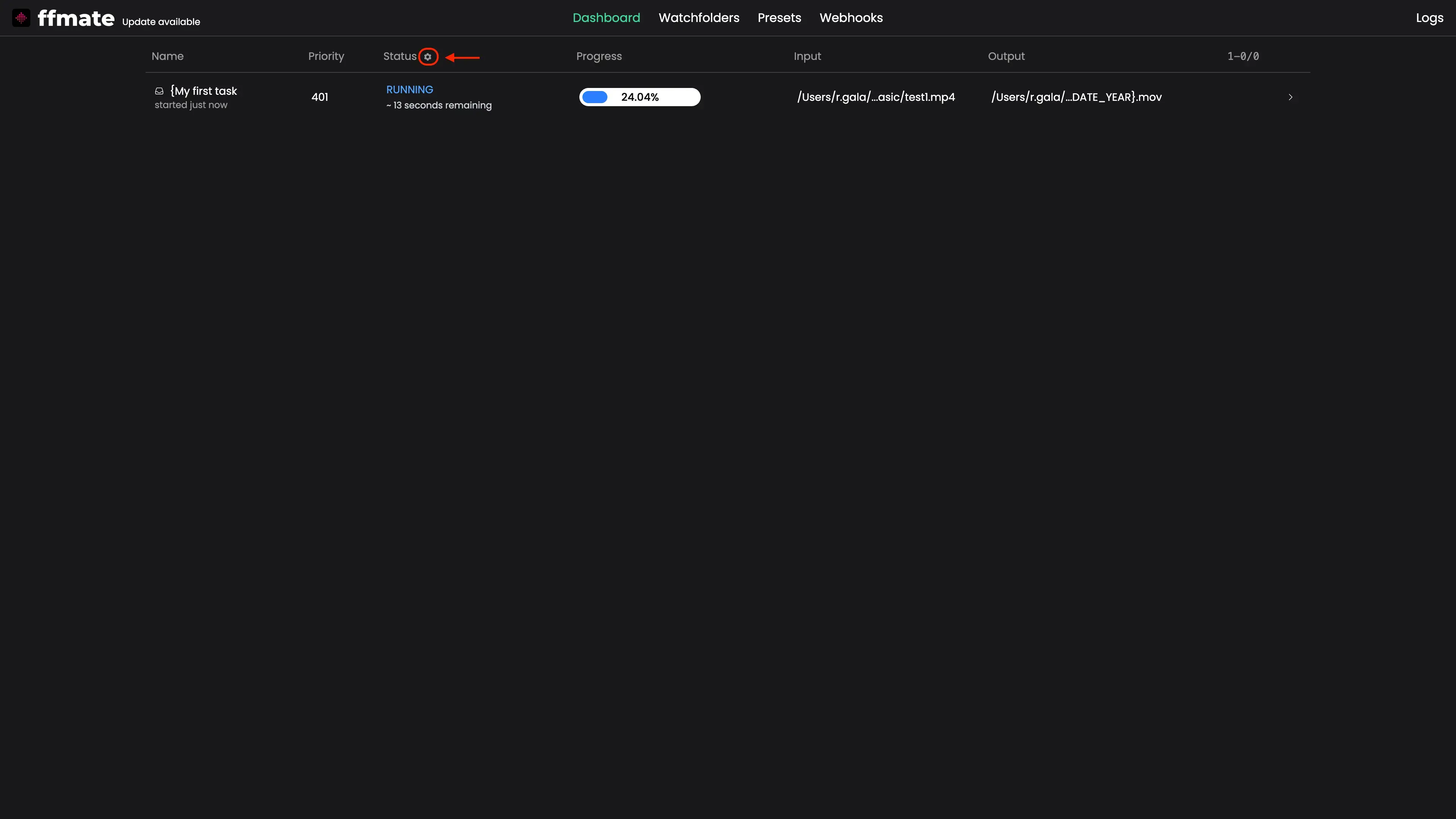 FFmate dashboard displaying a single active media processing task in RUNNING state with a live progress bar at 24.04%. The interface prominently highlights the status column filter icon, signaling support for filtering tasks by state such as queued, running, done_successful, done_error, done_canceled