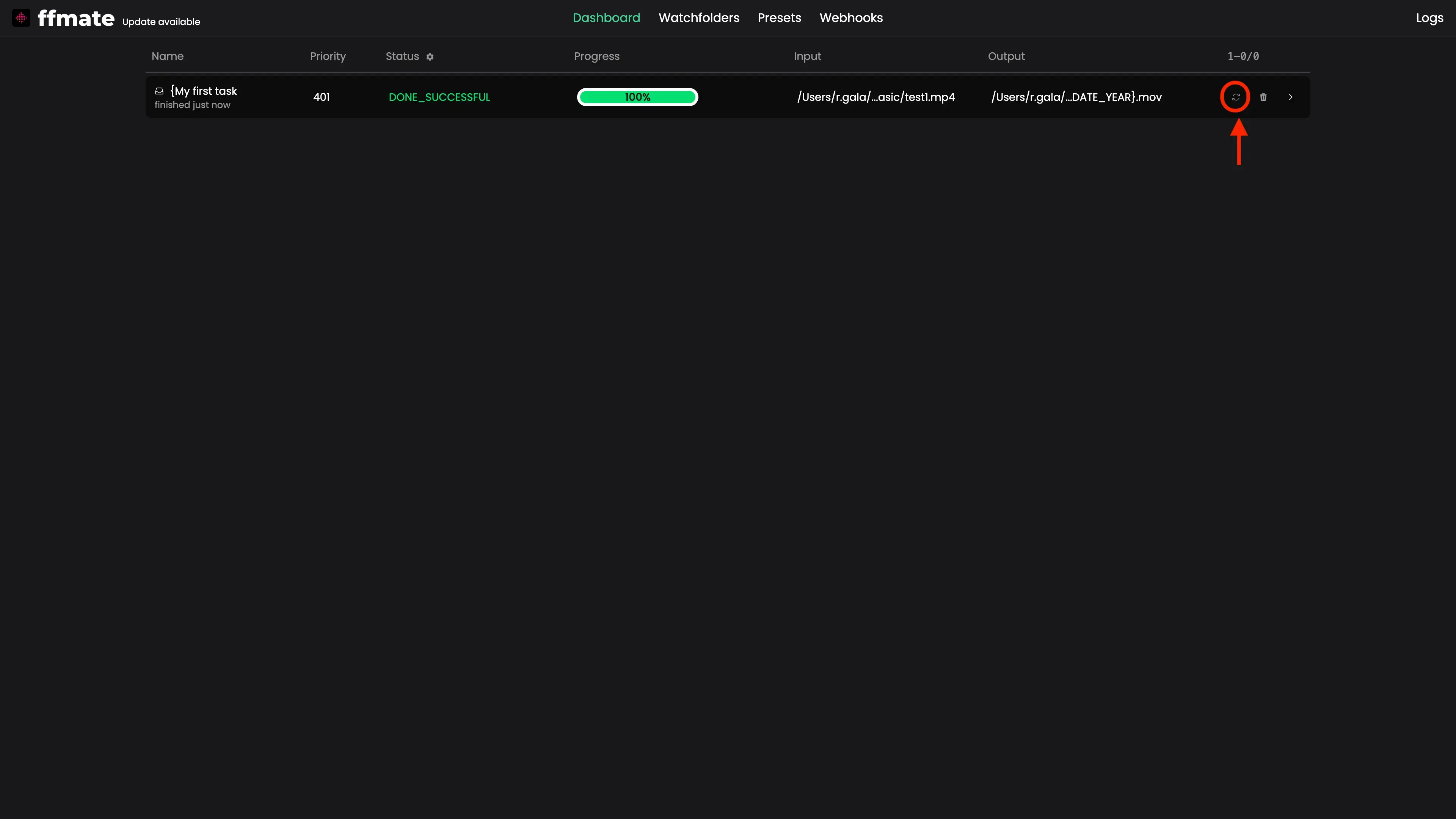 FFmate dashboard displaying a completed media processing task with a status of DONE_SUCCESSFUL and a progress bar showing 100%. The interface highlights a circular restart icon on the right side of the task row, indicating the option to rerun or reprocess completed tasks directly from the dashboard
