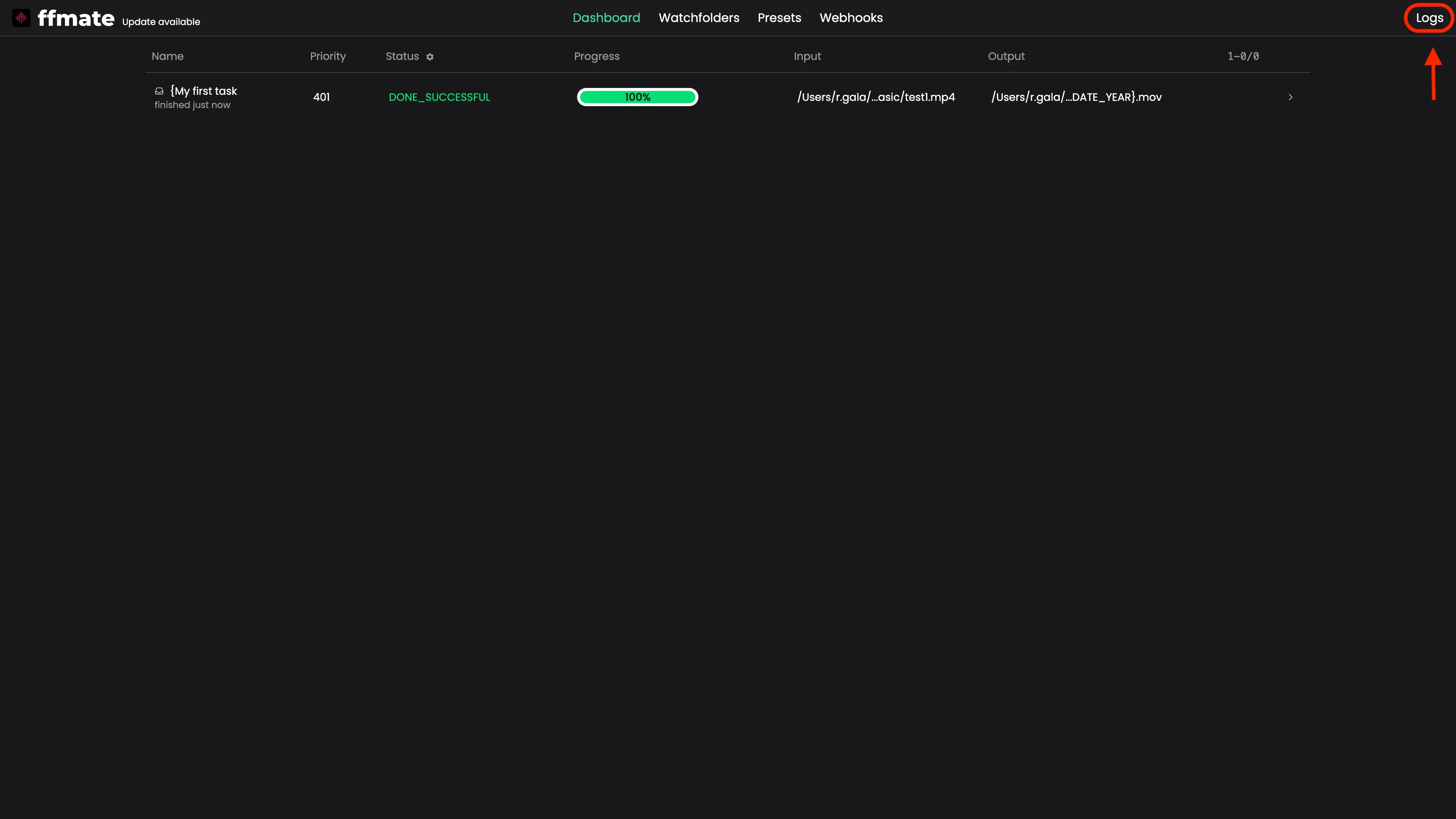 FFmate dashboard interface showing a completed media processing task with a highlighted 'Logs' button in the top-right corner, indicating access to detailed execution logs for monitoring and debugging purposes. Task status is marked as DONE_SUCCESSFUL with a 100% progress bar and defined input/output paths