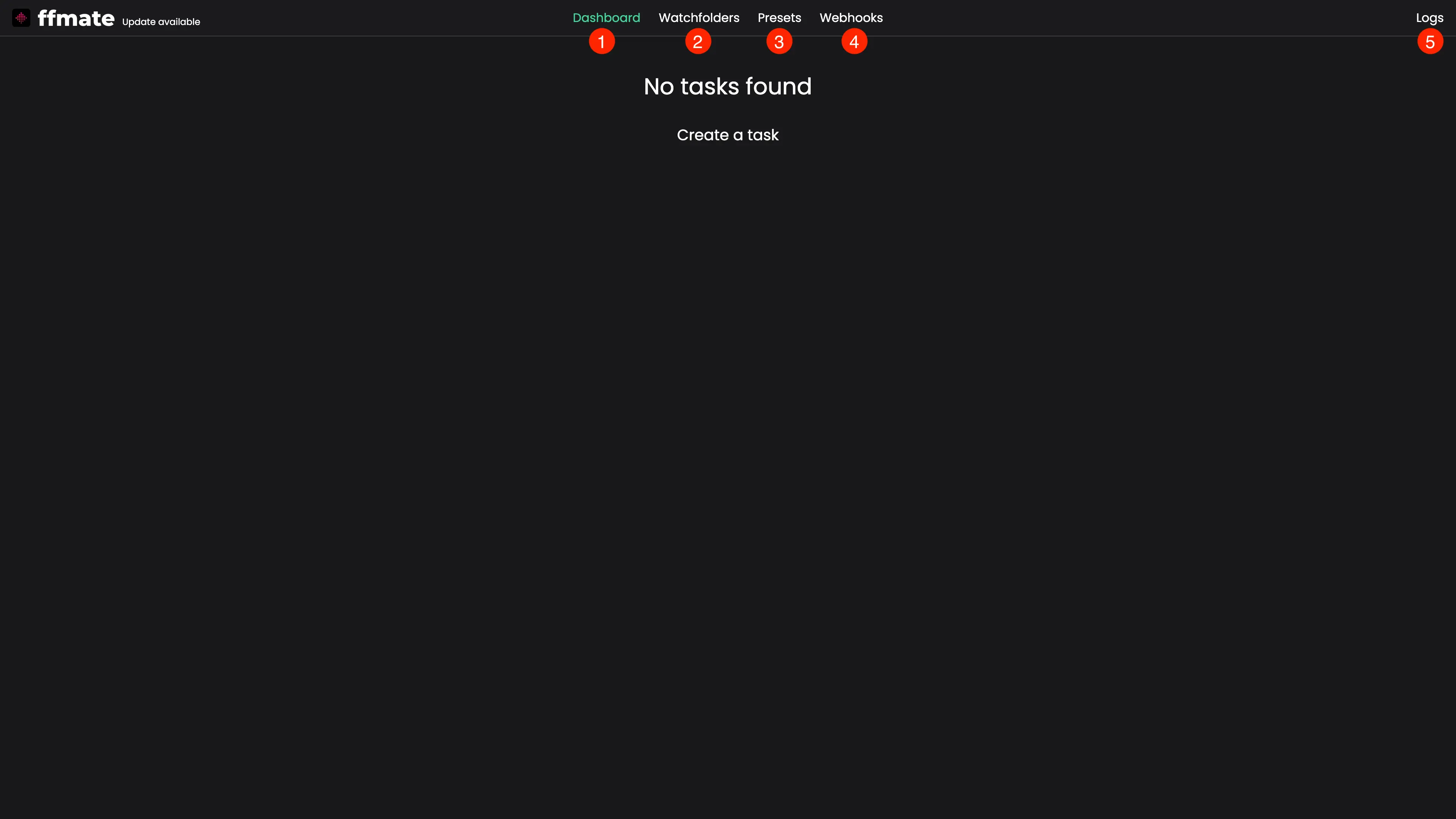 FFmate Web UI displaying a persistent notification in the navigation bar warning that FFmpeg is not installed, with a link to the installation guide