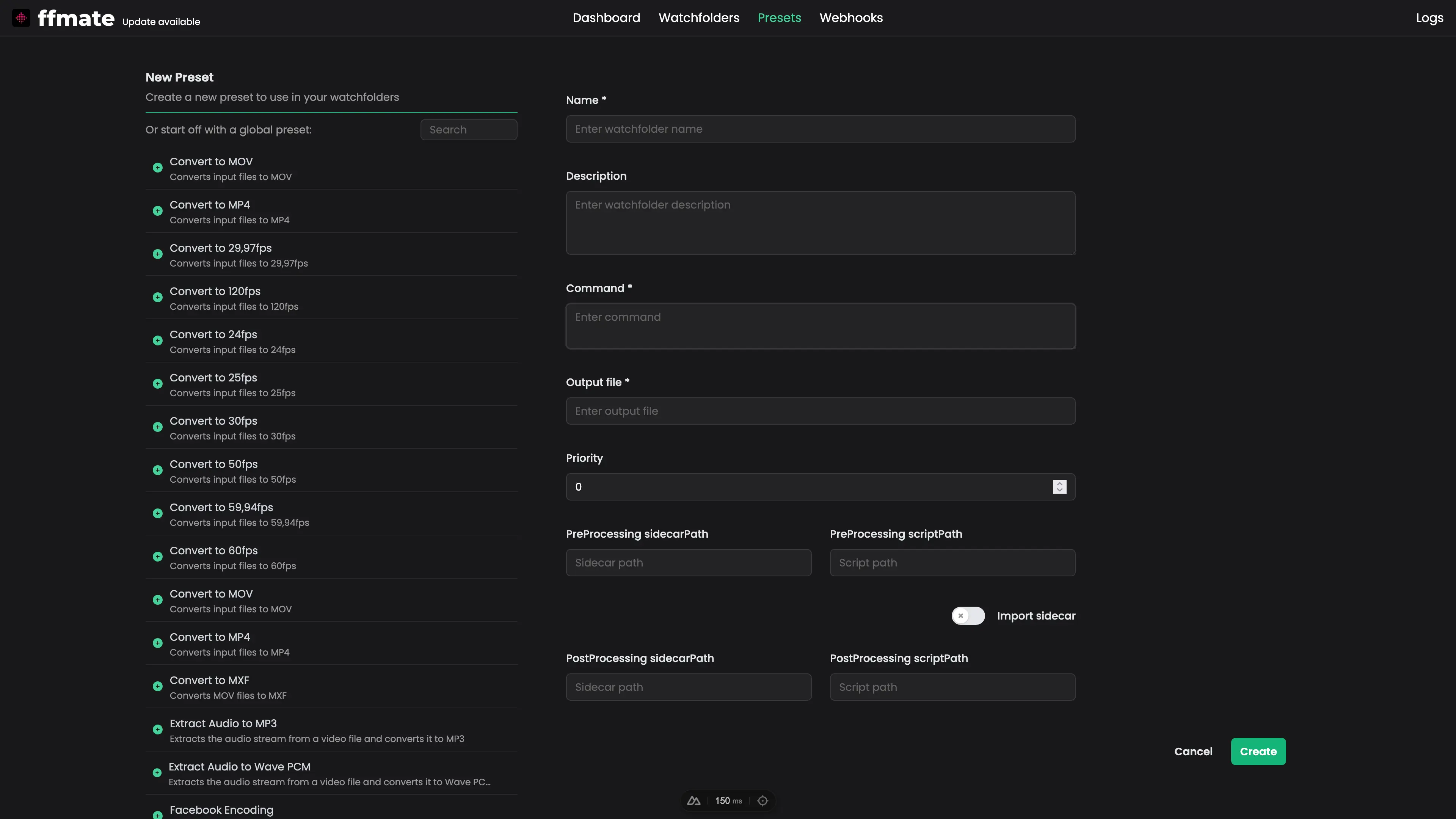 FFmate preset creation interface displaying a form for defining a new encoding preset, with fields for name, description, FFmpeg command, output file, priority, and optional pre/post-processing script and sidecar paths. The left panel lists global presets like frame rate conversion, format changes, and audio extraction