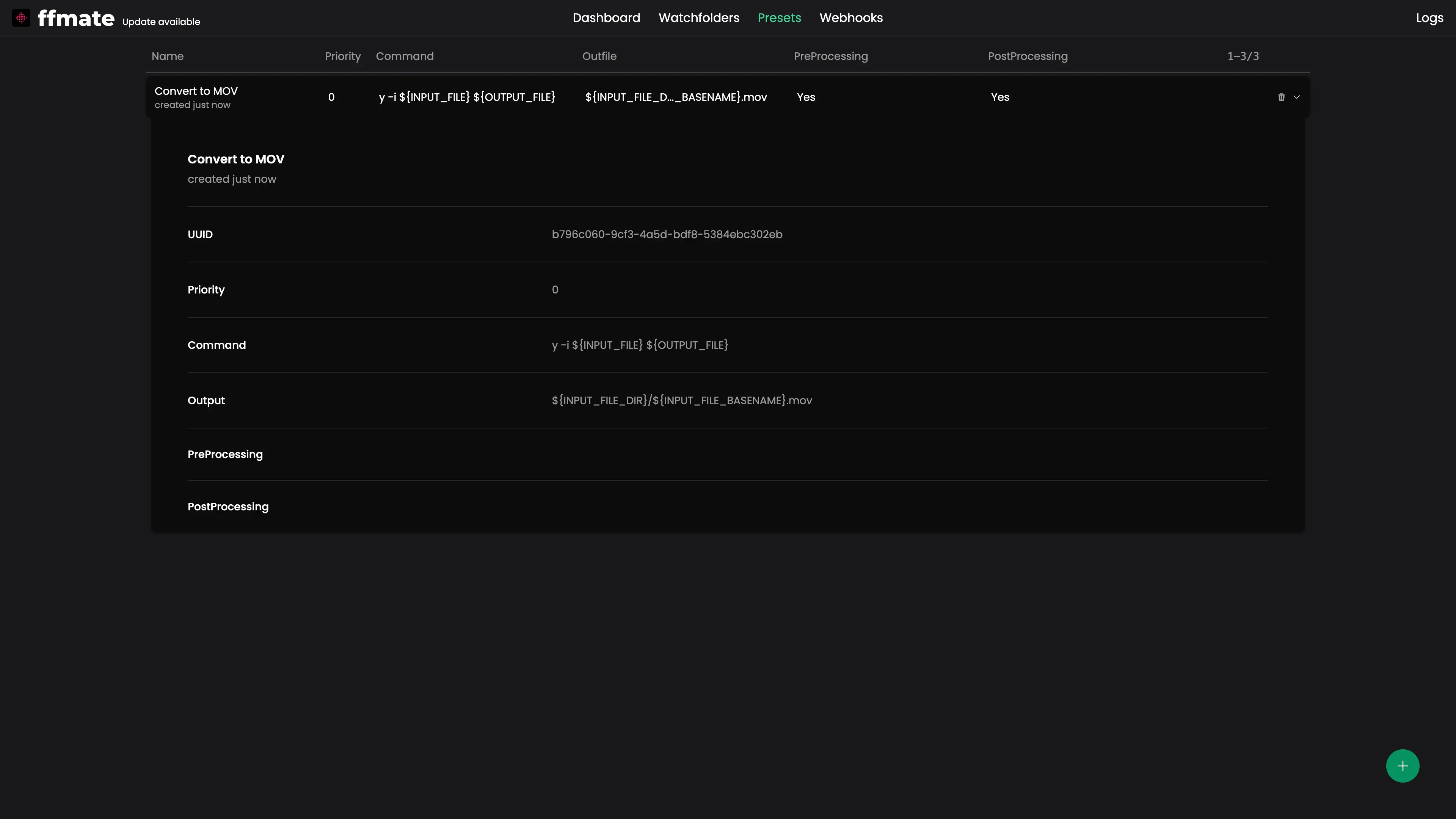 FFmate interface showing expanded details of a configured watchfolder, including UUID, status, last check timestamp, assigned preset, scan interval, growth check value, folder path, and file extension filters. The watchfolder is active with status OK and filters configured to include .mp4 and exclude .xml files