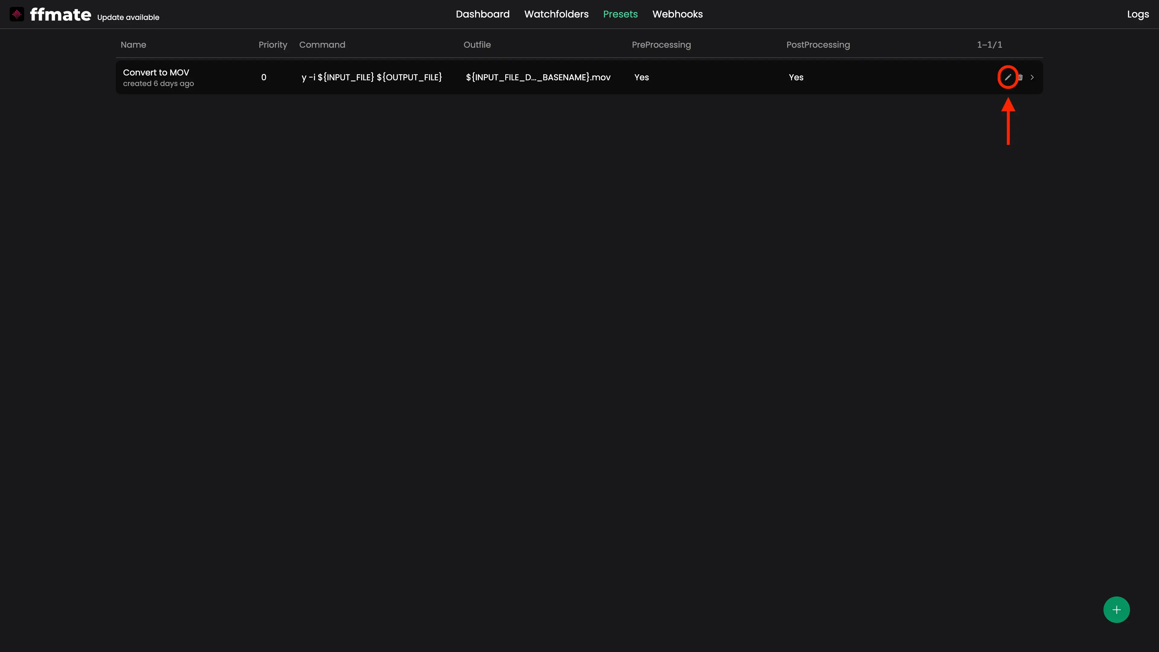 FFmate Presets list showing a single configured preset named “Convert to MOV” (created 6 days ago) with priority 0, FFmpeg command -y -i ${INPUT_FILE} ${OUTPUT_FILE}, output pattern ${INPUT_FILE_D..._BASENAME}.mov, pre- and post-processing enabled; the edit (pencil) icon is highlighted to indicate updating the preset