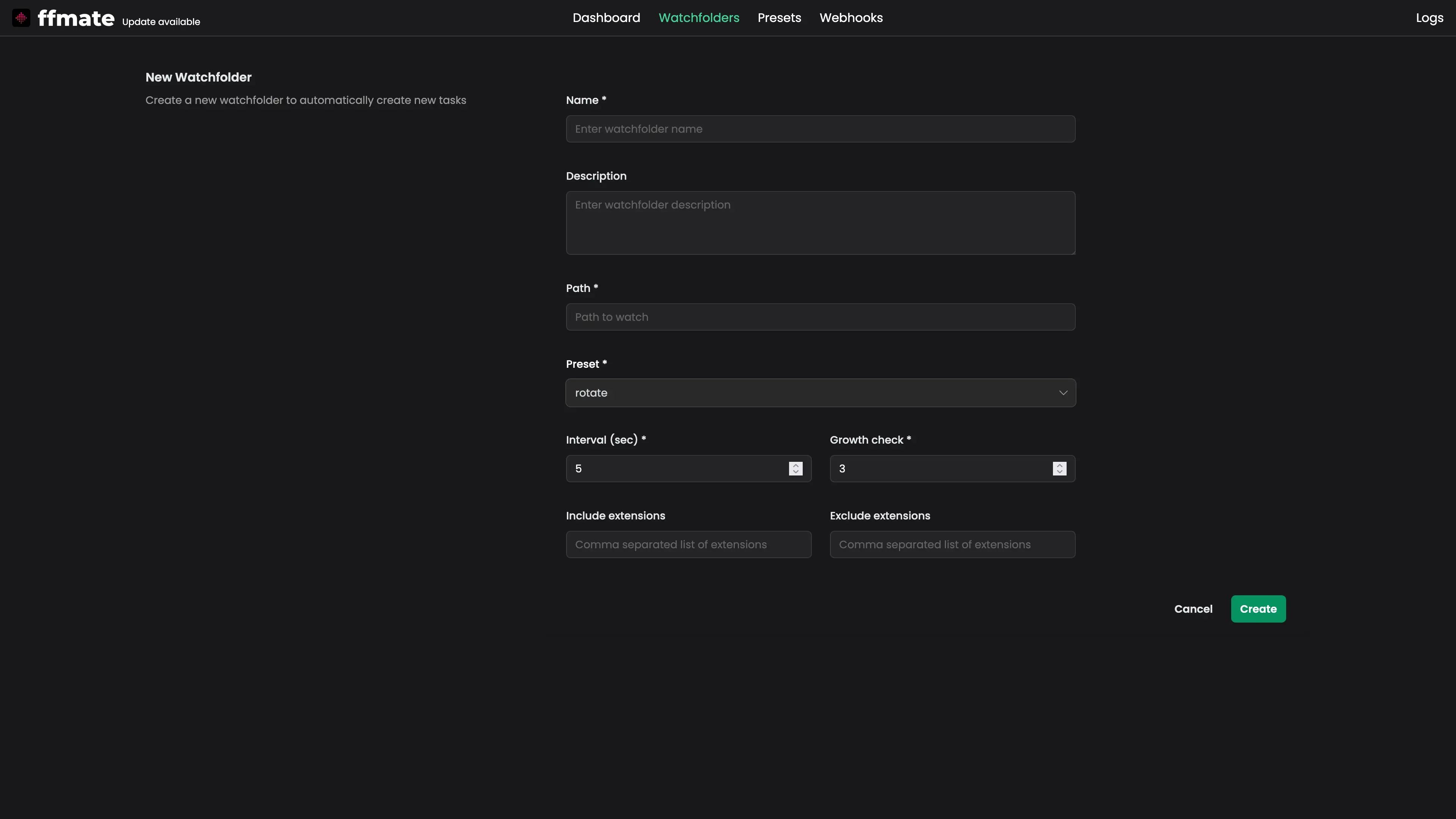 FFmate interface displaying the 'New Watchfolder' form, allowing users to configure automated task creation by specifying folder path, preset, scan interval, growth check duration, and optional file extension filters. Form includes fields for name, description, and a Create button to finalize the setup