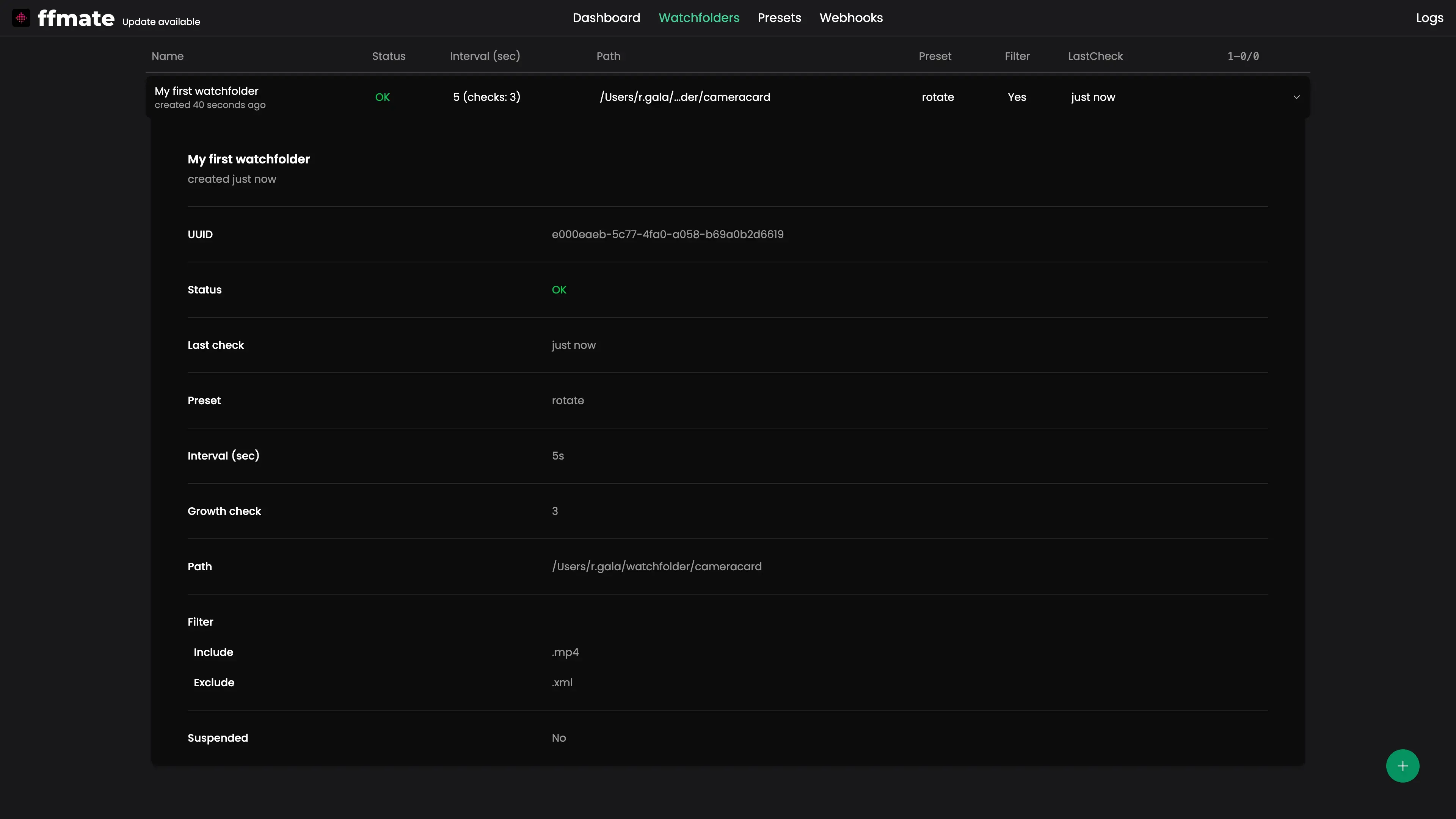 FFmate interface showing expanded details of a configured watchfolder, including UUID, status, last check timestamp, assigned preset, scan interval, growth check value, folder path, and file extension filters. The watchfolder is active with status OK and filters configured to include .mp4 and exclude .xml files